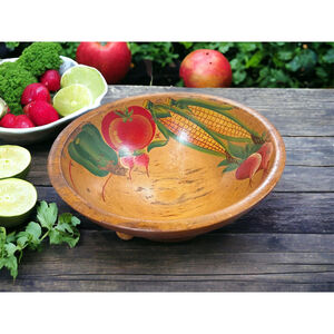 Vintage BOHO Wood Bowl Hand painted Vegetable Bowl Rustic Chippy Farmhhouse Bowl
